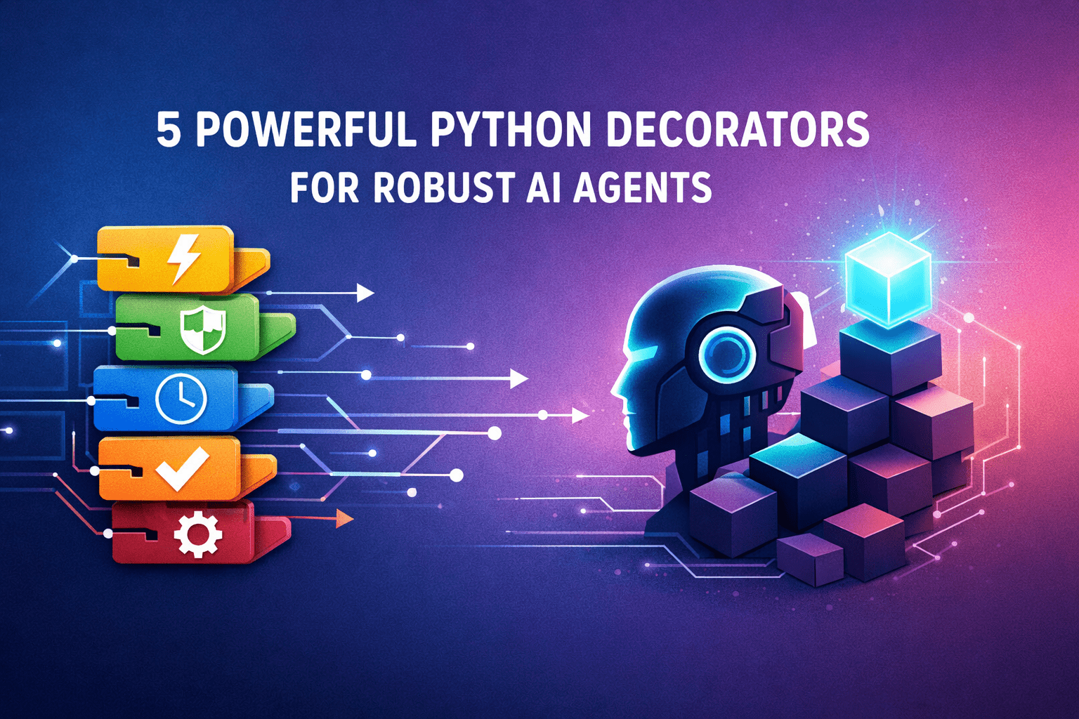 Python code with colorful decorators wrapping AI agent functions for robustness