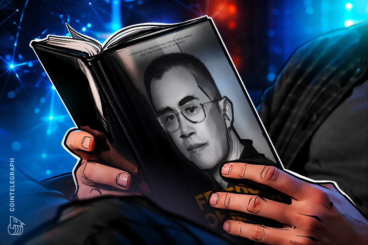 Changpeng Zhao holding Freedom of Money autobiography against Binance logo backdrop