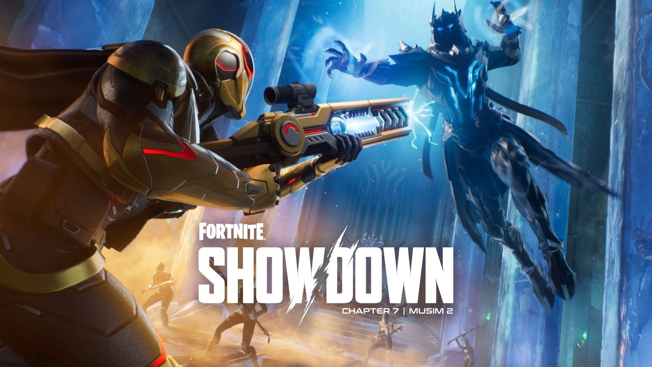 Fortnite rivalry duel with glowing RTX 5080 GPU prize in background