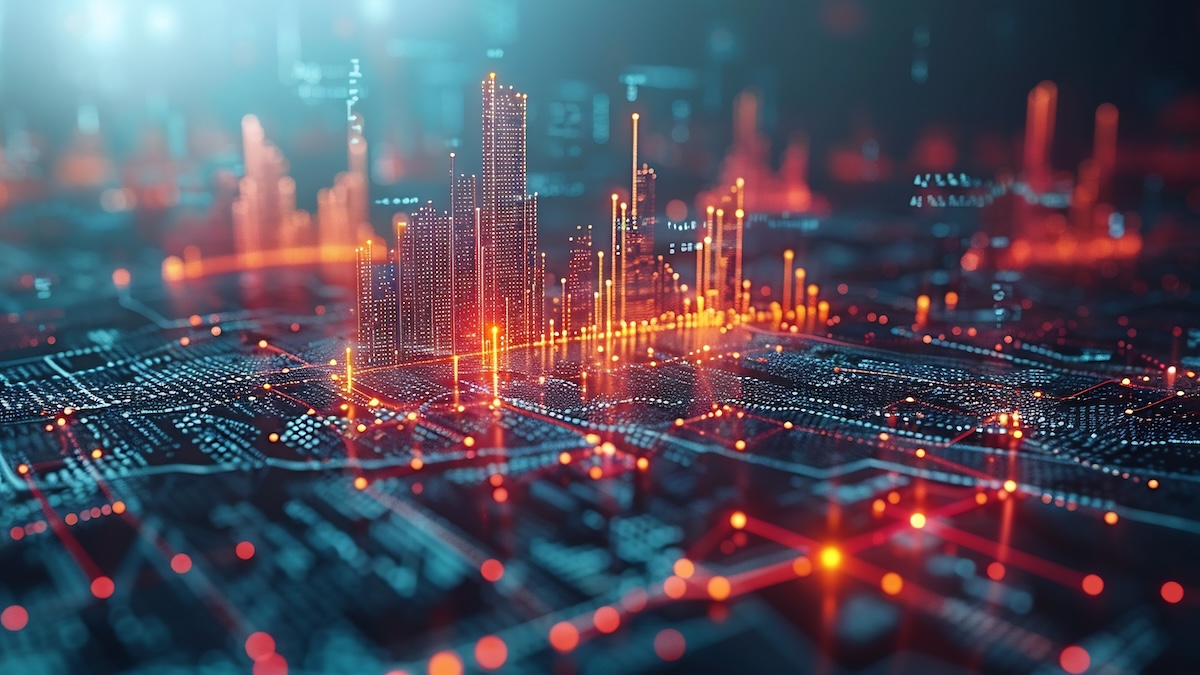 Futuristic AI agents swarming a digital network at blinding speed, with human defenders racing to catch up
