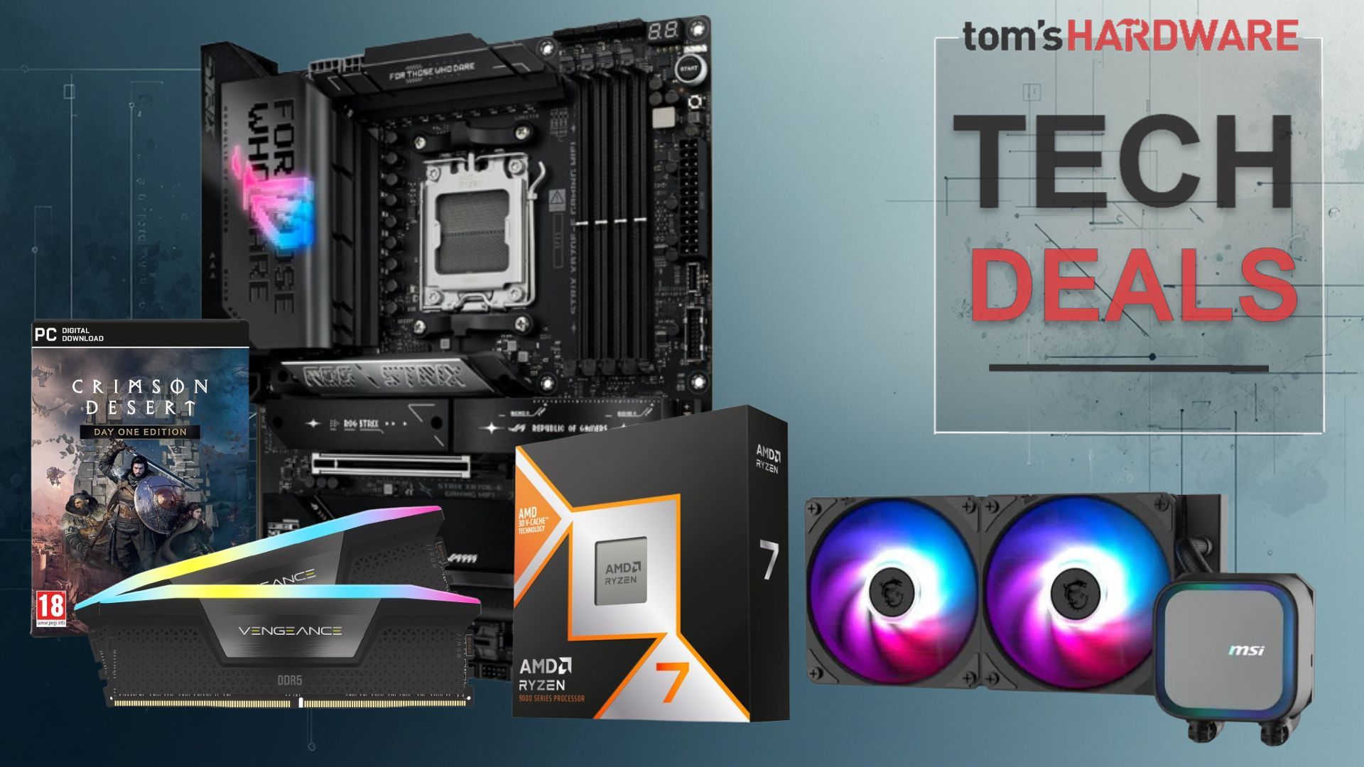 Newegg bundle featuring AMD Ryzen 7 9800X3D CPU, Asus ROG Strix X870E motherboard, Corsair Vengeance 32GB DDR5 RAM, MSI AIO cooler, and Crimson Desert game box