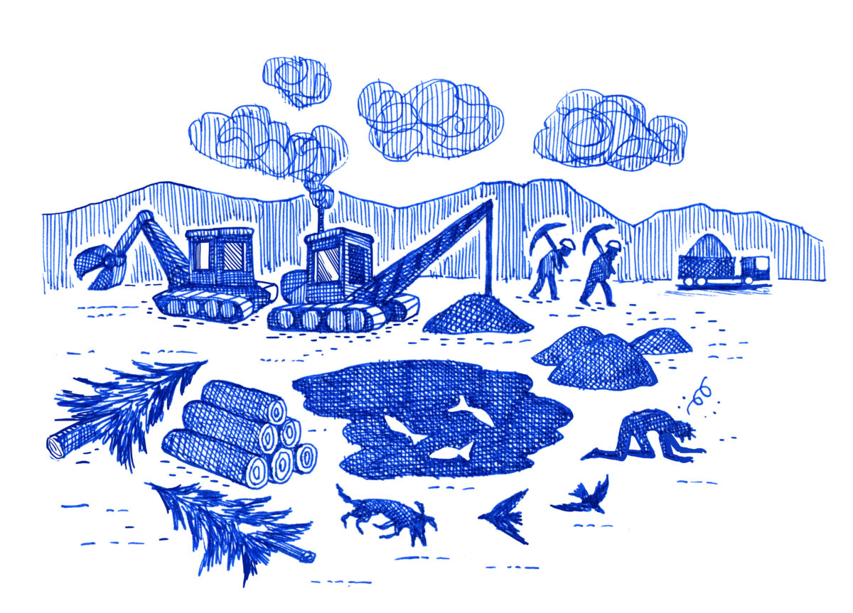 Norwegian fjord with data center facility and wind turbines under aurora sky