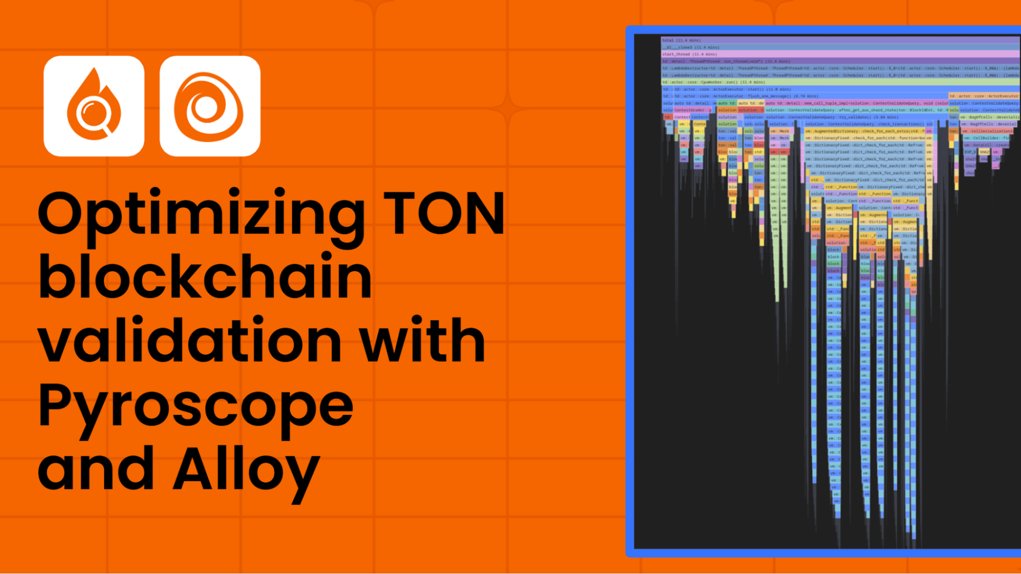 Flame graph comparing TON blockchain reference and optimized code performance with Pyroscope