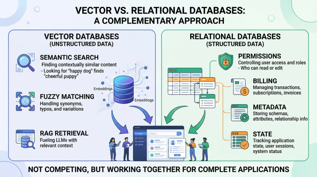 Hybrid architecture diagram merging vector search with PostgreSQL relational tables for AI apps