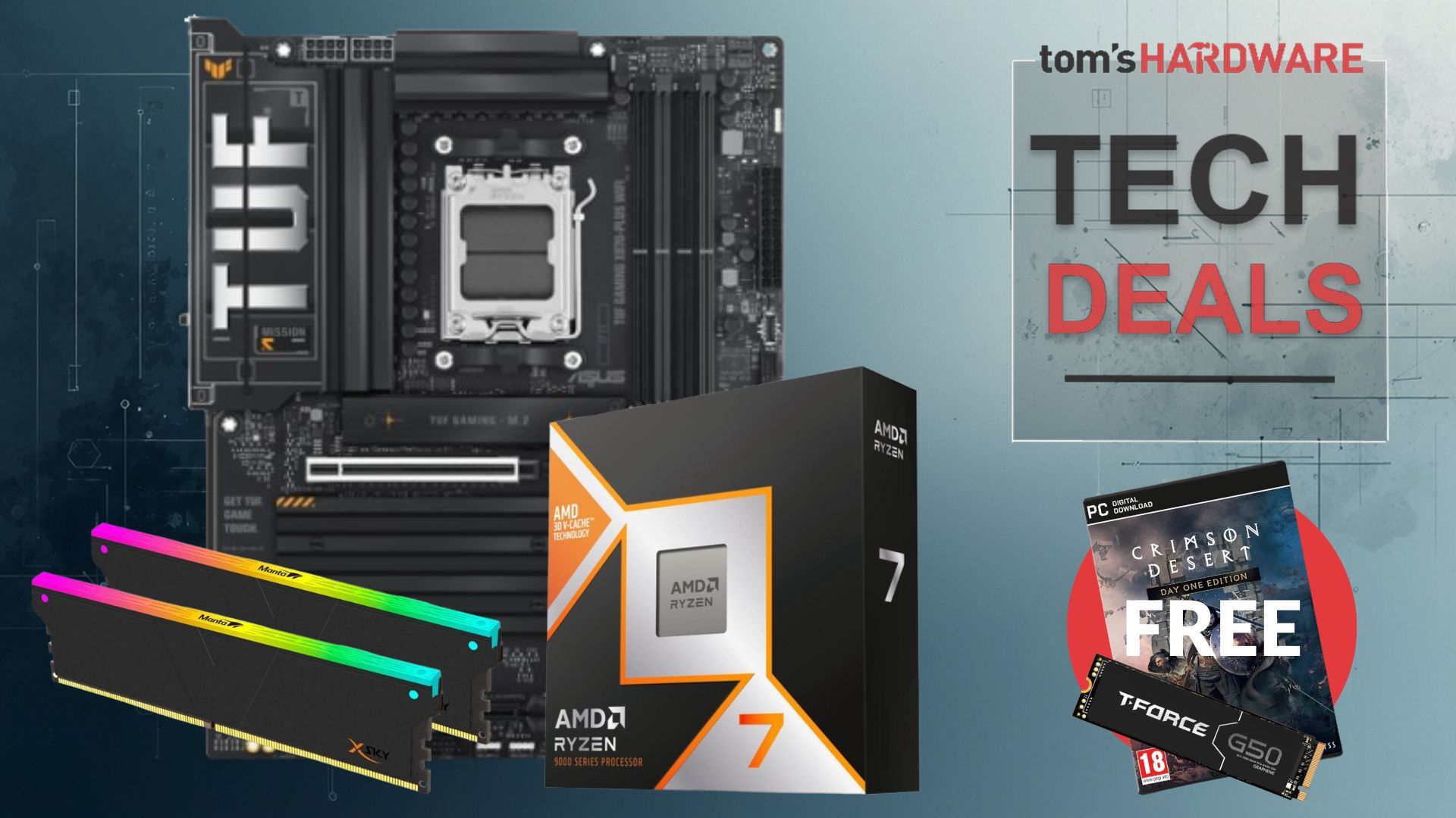 Newegg combo bundle with AMD Ryzen 7 9800X3D CPU, Asus TUF X870 motherboard, V-Color DDR5 RAM, SSD, and Crimson Desert game