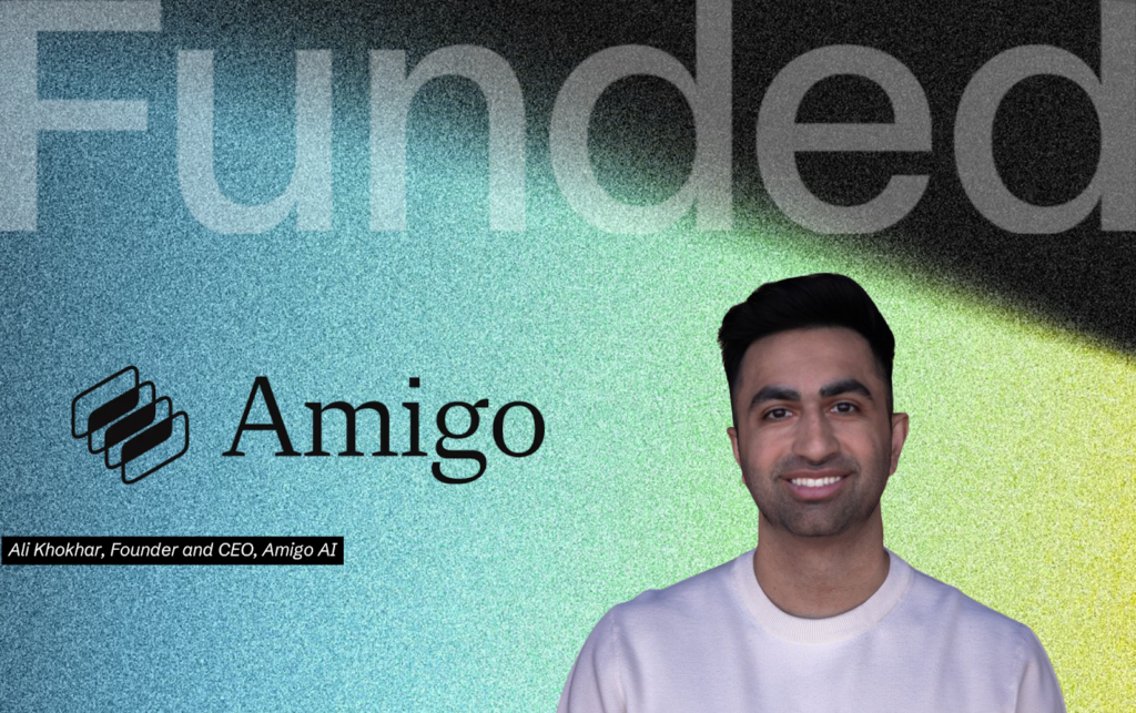 Amigo AI logo with medical simulation graphics and $11M funding announcement