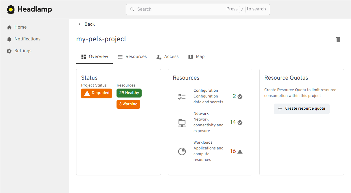 Headlamp Kubernetes dashboard showing multi-cluster projects and plugins