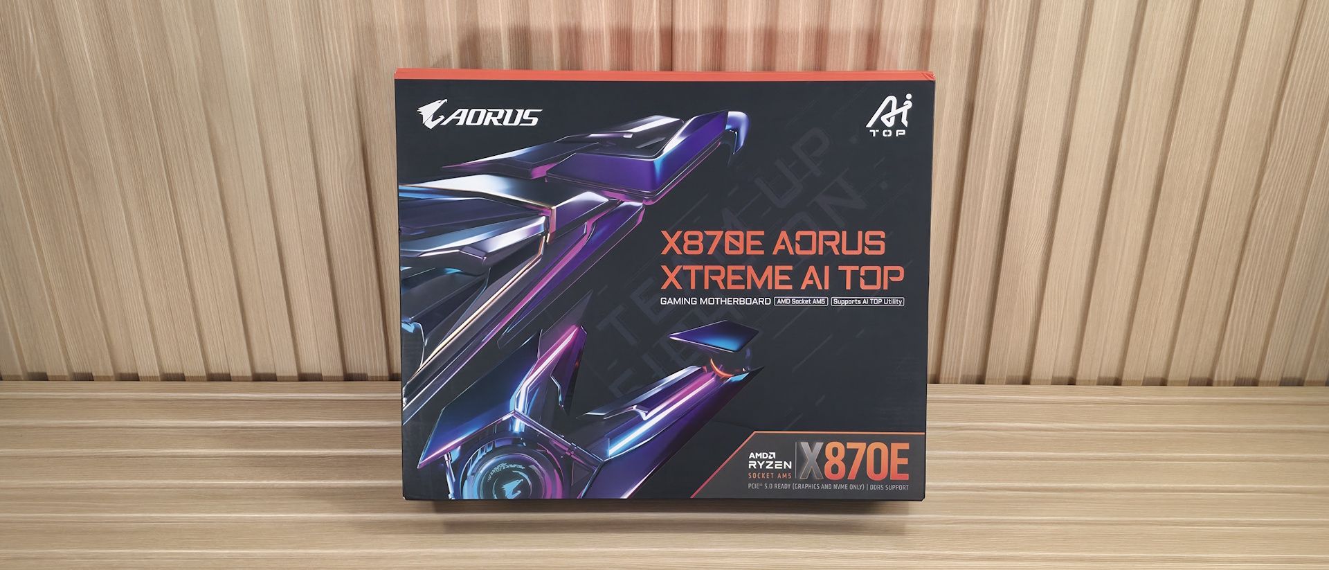Gigabyte X870E Aorus Xtreme AI Top motherboard with RGB heatsinks and PCIe slots