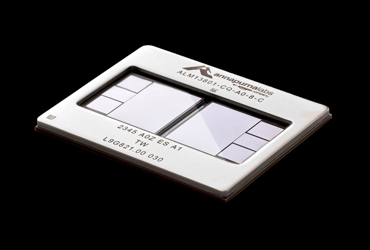 Uber app interface overlaid on AWS Trainium3 chip architecture diagram