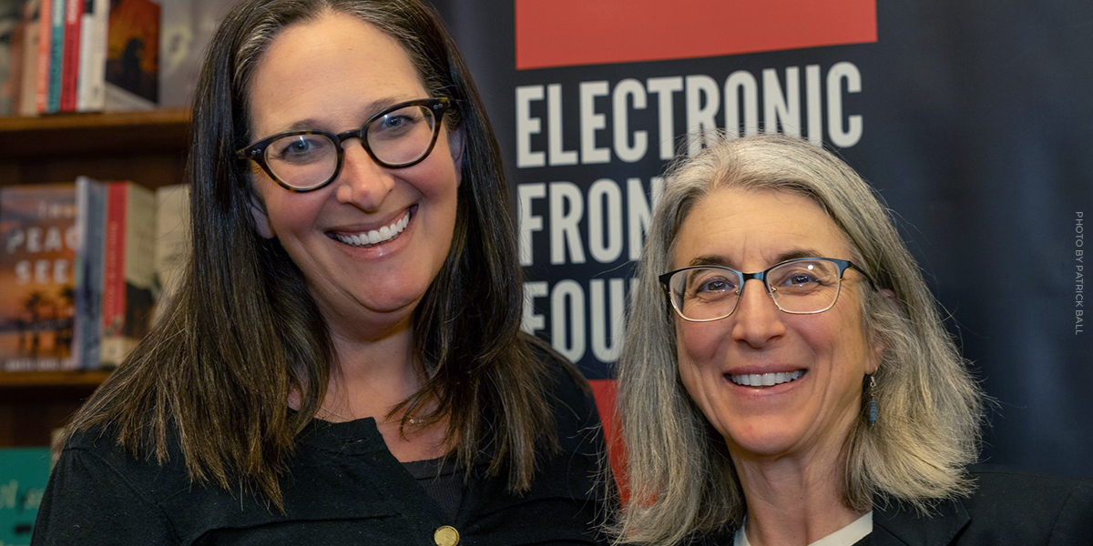 Nicole Ozer at podium discussing digital privacy with EFF logo backdrop