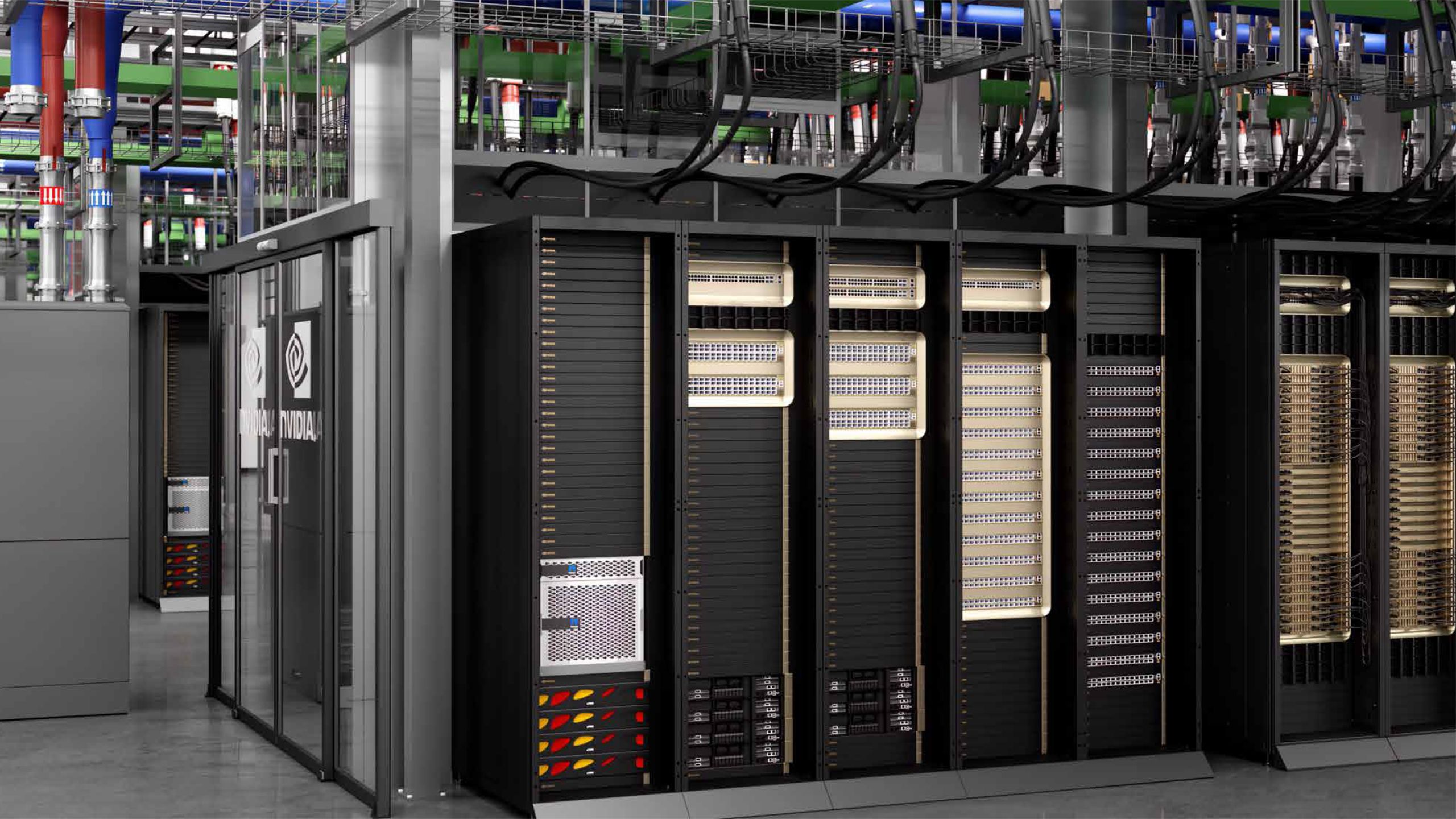 Nvidia Vera Rubin NVL72 rack-scale AI system loaded with GPUs in a dimly lit data center