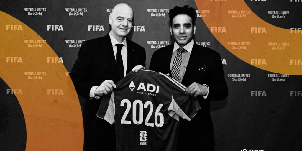 FIFA World Cup trophy with blockchain network visualization and prediction market interface overlay