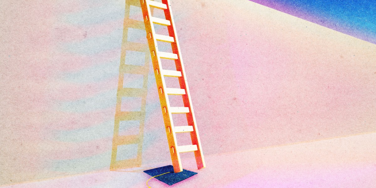 A solitary young person looking at a barren career ladder with AI symbols subtly integrated into the rungs.