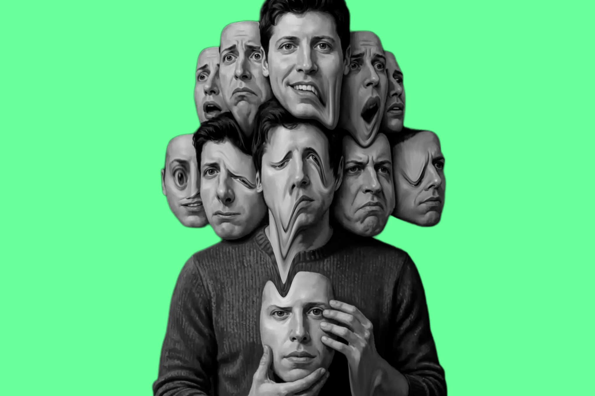 AI-generated portrait of Sam Altman with multiple creepy faces hovering around his head