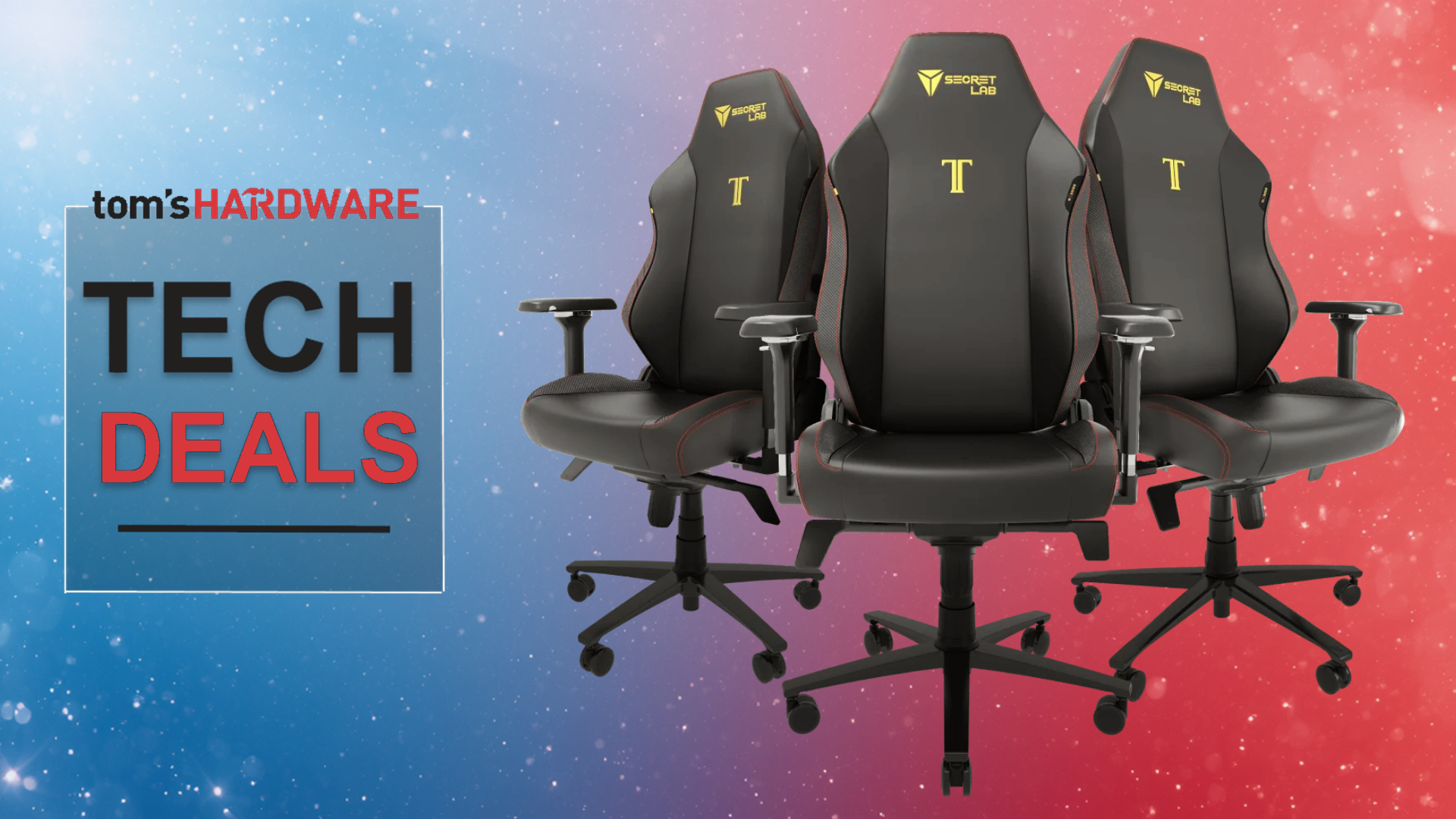 A Secretlab gaming chair and desk setup with sale pricing displayed.