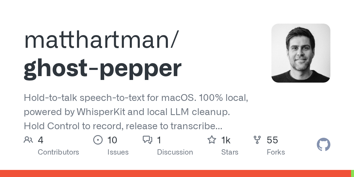 Ghost Pepper menu bar icon on macOS with hold-to-talk demo transcription