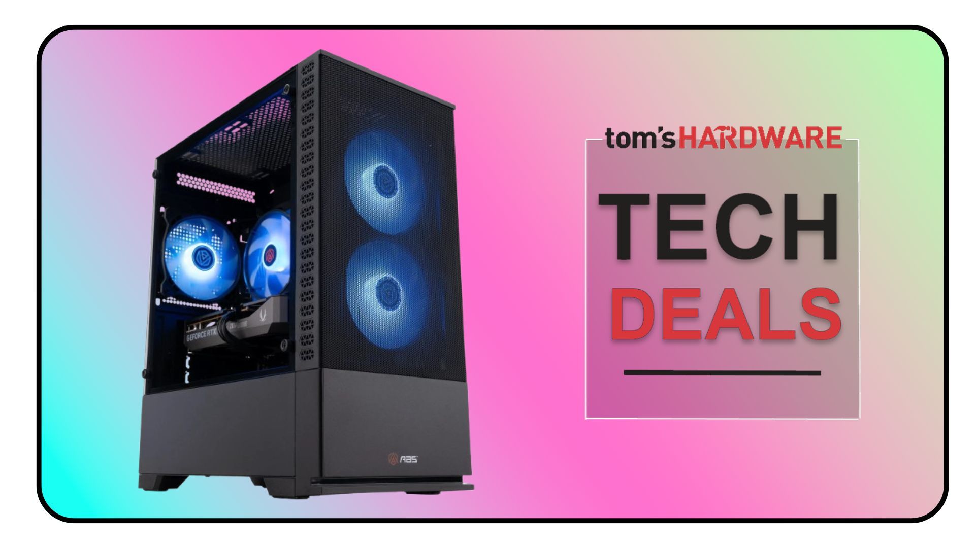 An ABS Flux II Aqua gaming PC with a transparent side panel showcasing internal components and RGB lighting.