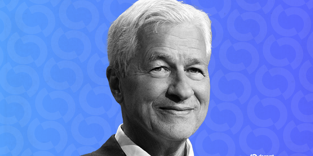 Jamie Dimon speaking at podium with JPMorgan logo and AI neural network graphics