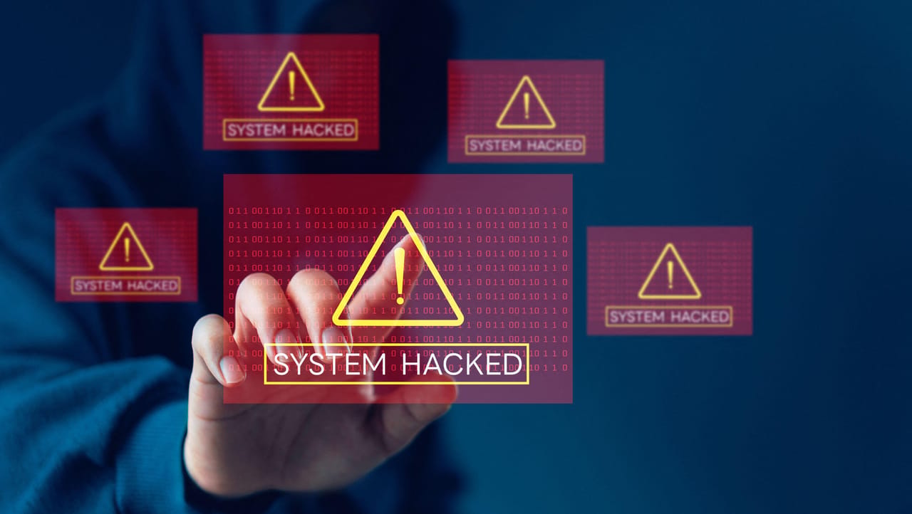 Collage of shadowy hacker figures clashing over exploding data servers in a cyber battlefield