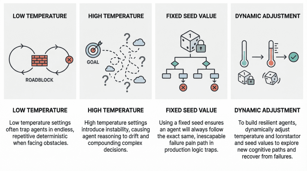 AI agent flowchart exploding into failure loops from temperature and seed errors