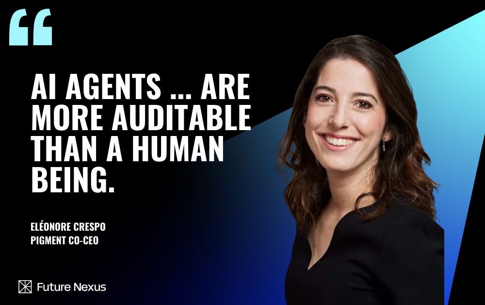 Eléonore Crespo, Pigment co-CEO, at desk with AI planning dashboard