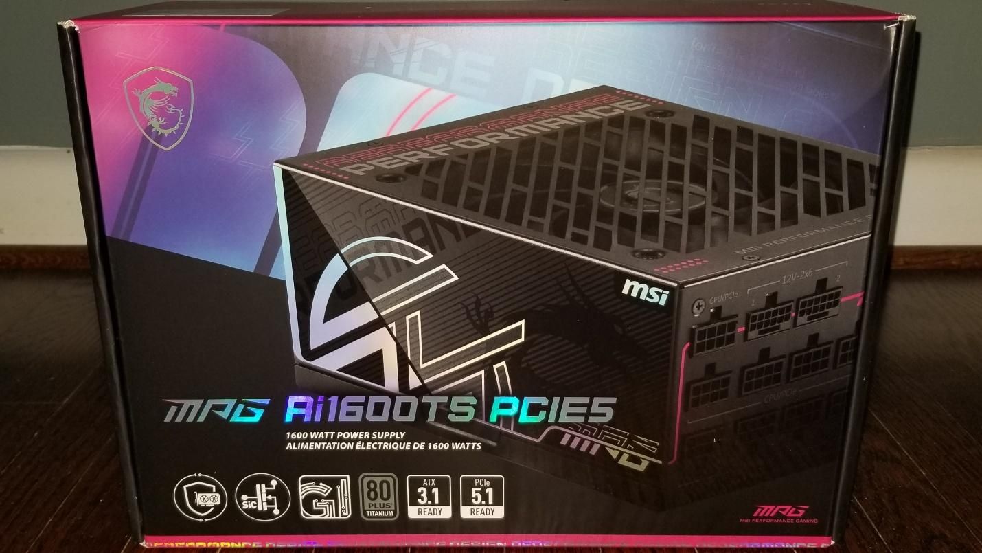 Close-up of the MSI MPG Ai1600TS power supply unit with the GPU Safeguard+ feature highlighted.