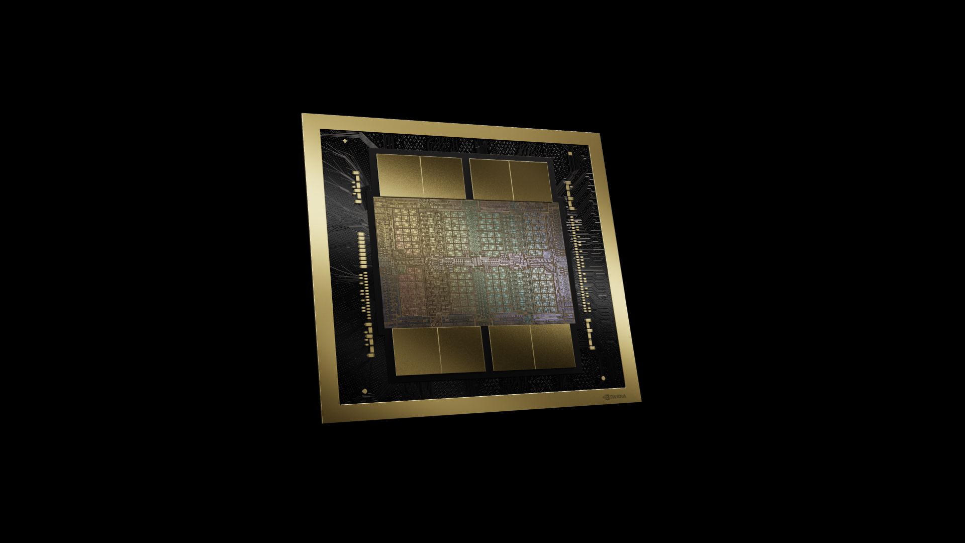 A close-up of Nvidia graphics processing units (GPUs) with a blurred background of computer circuitry.