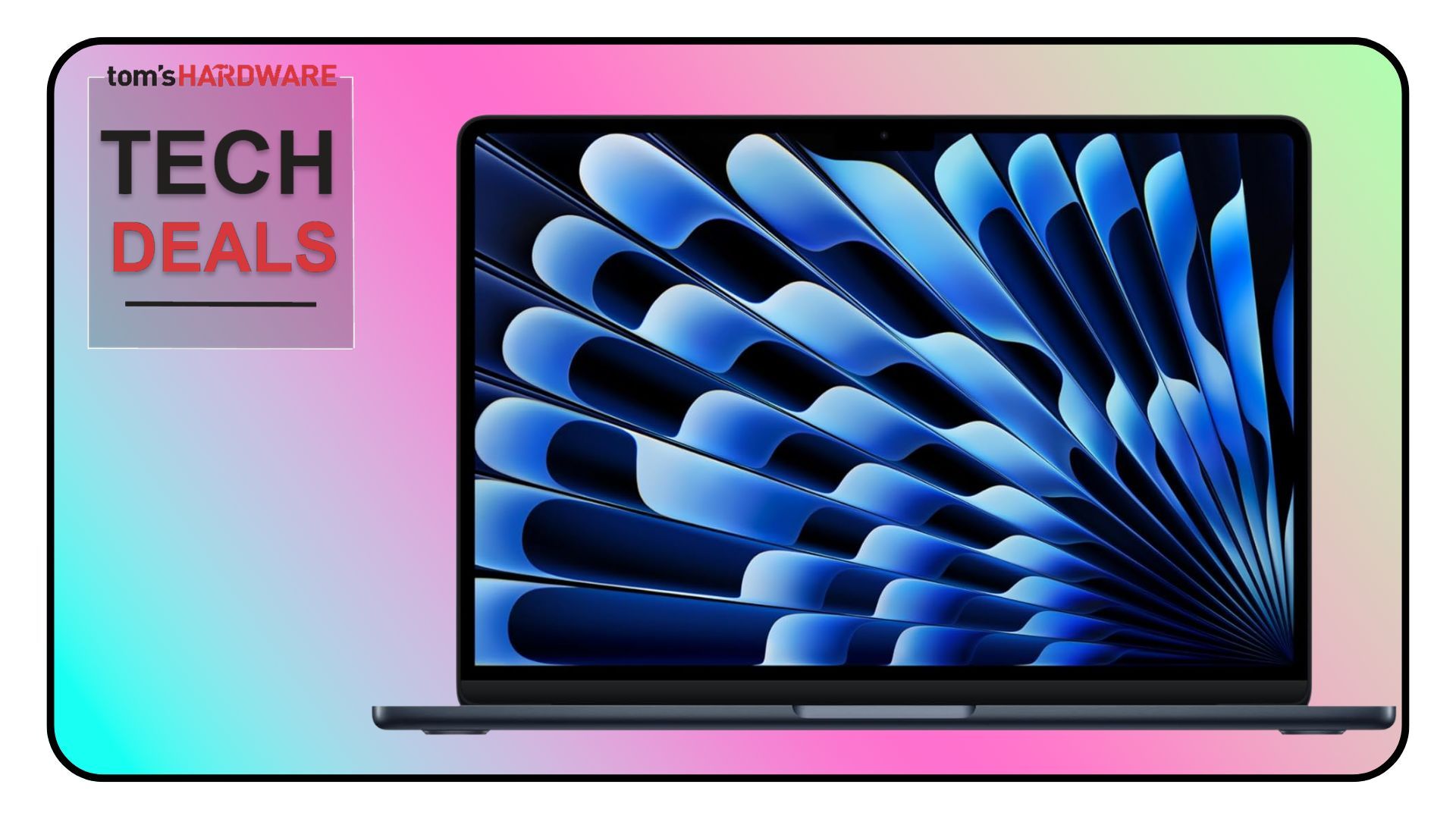 A 13-inch Apple MacBook Air in Starlight color, open and displaying a colorful desktop interface, with a slight angle emphasizing its thin profile.