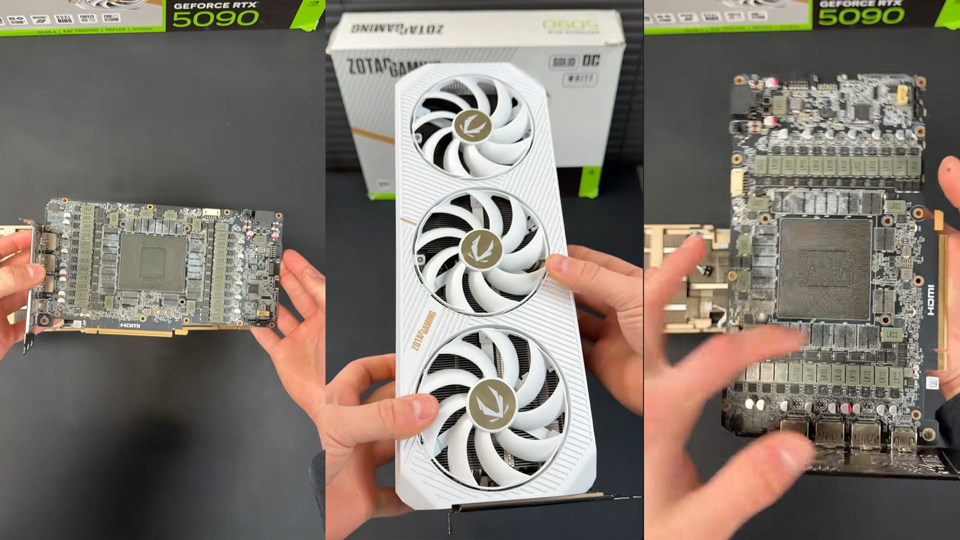 Disassembled Zotac RTX 5090 GPU with missing core die and memory modules exposed on PCB