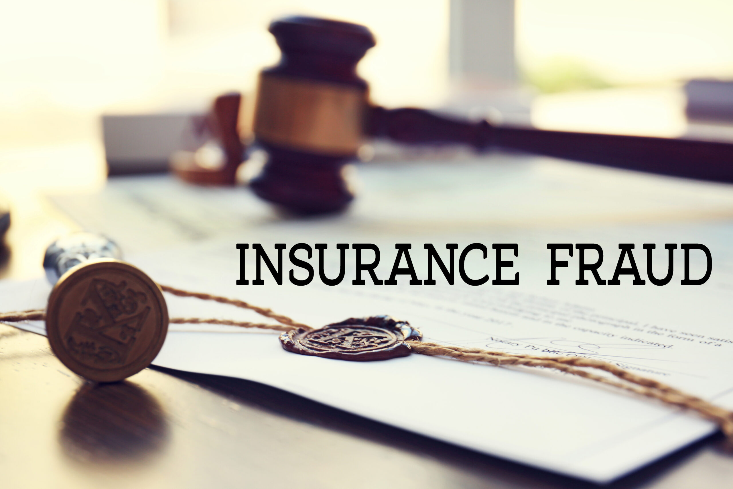 Courtroom scene depicting federal insurance fraud charges; abstract representation of fraudulent claims documents and money laundering through shell corporations