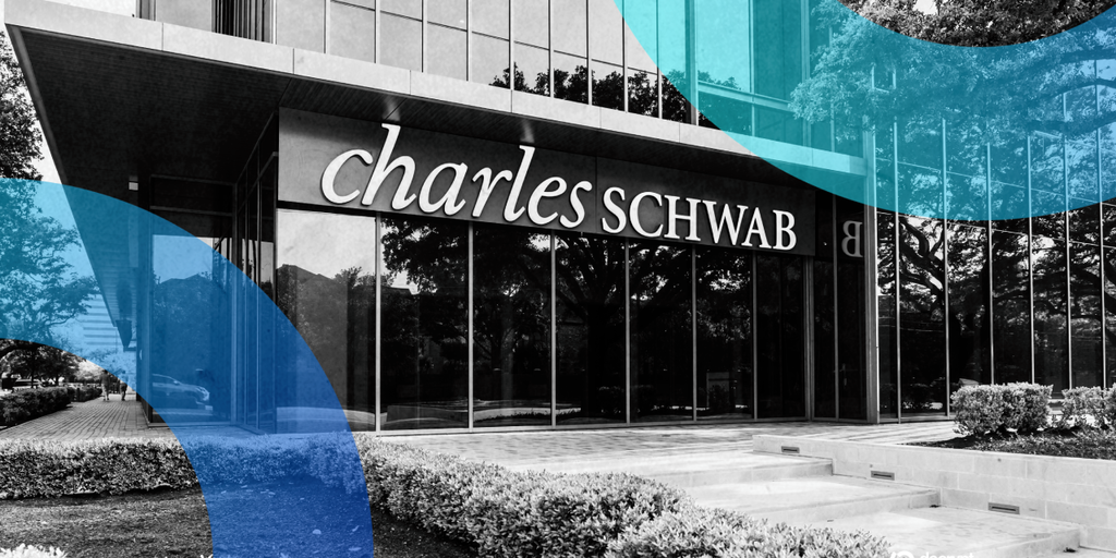 Sede da Charles Schwab com símbolos Bitcoin e Ethereum sobrepostos, representando adoção crypto institucional