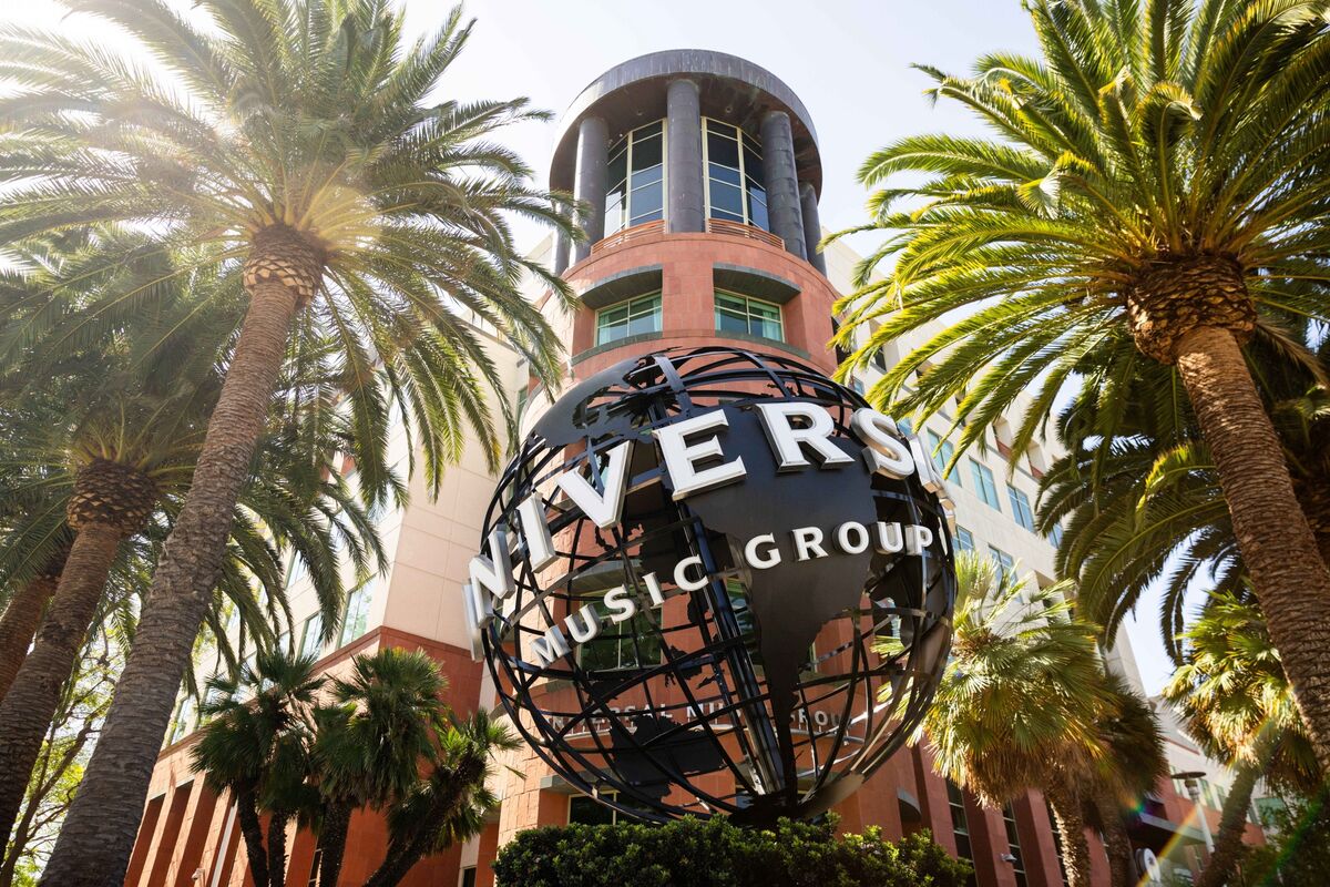 Universal Music Group stock chart below Ackman offer price with Bill Ackman portrait