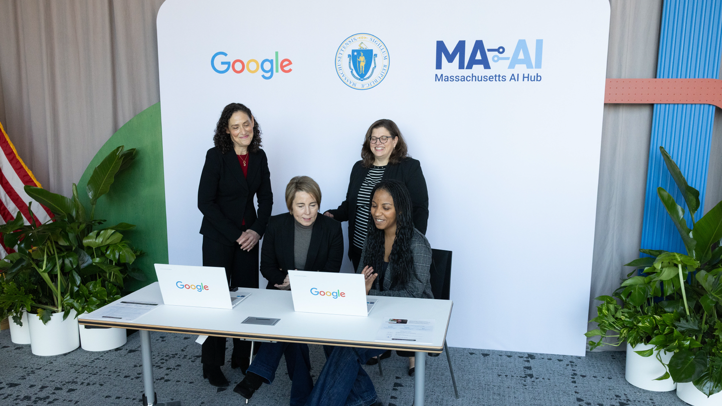 Governor Maura Healey and Google’s Lisa Gevelber with AI course graduates in Massachusetts