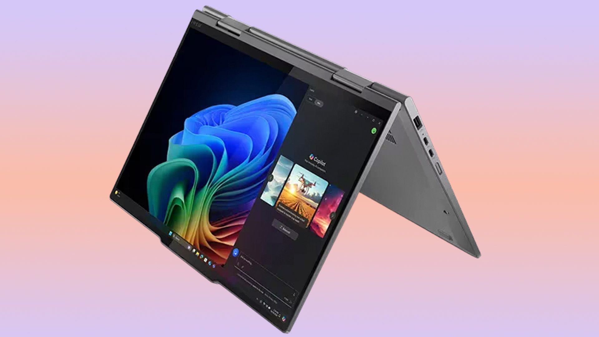 Lenovo ThinkPad X1 2-in-1 Gen 10 Aura Edition flipped to tablet mode displaying vibrant OLED screen