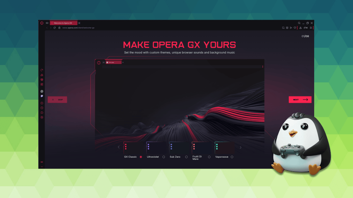 Opera GX browser on Linux desktop with GX Control sliders and neon theme active