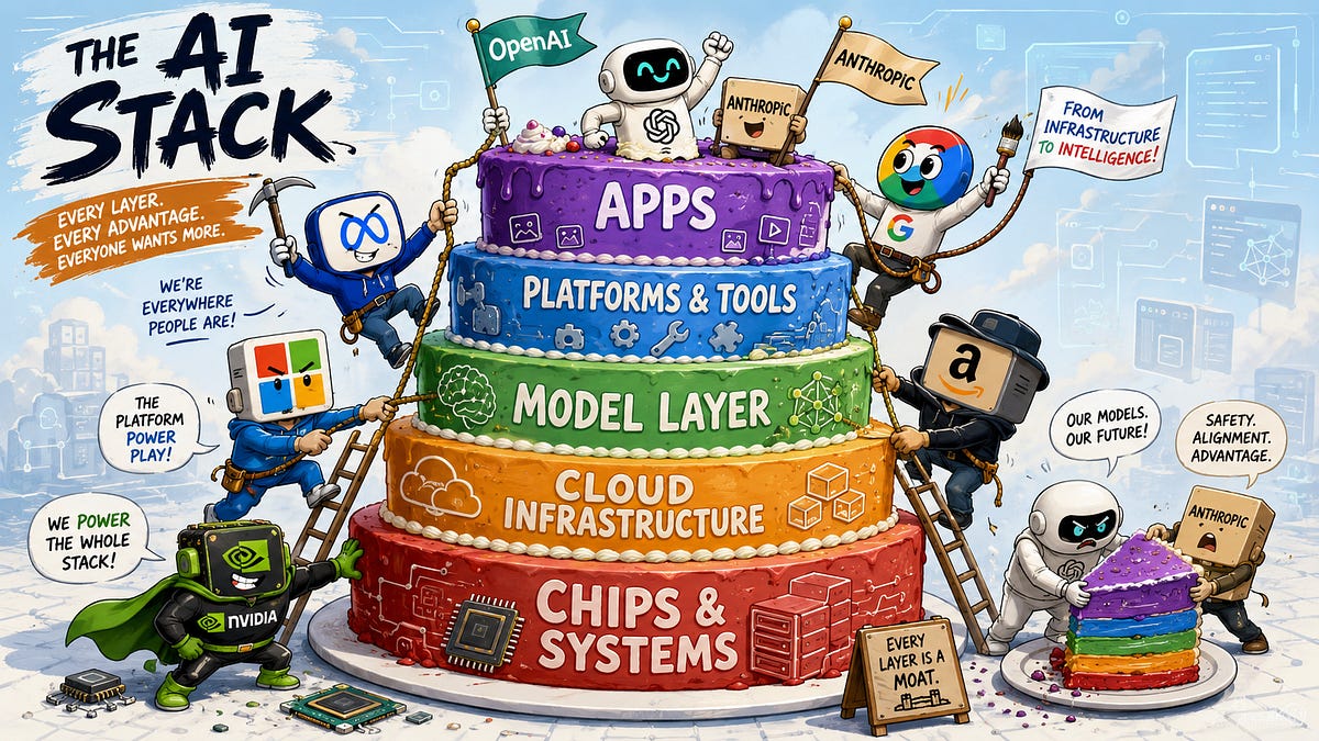 Illustration of a five-layer cake with labels for energy, chips, infrastructure, models, and applications, with elements suggesting conflict or competition.