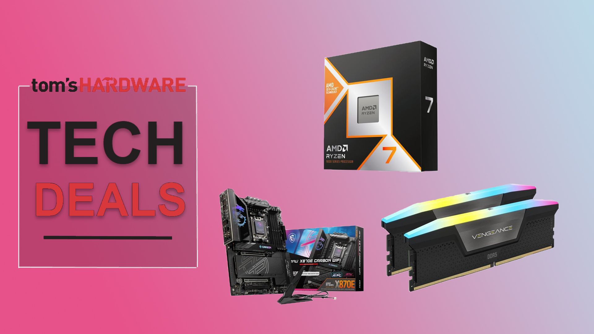 Newegg bundle featuring AMD Ryzen 7 9800X3D, Corsair Vengeance DDR5 RAM, MSI X870E motherboard, AIO cooler, and Crimson Desert game box