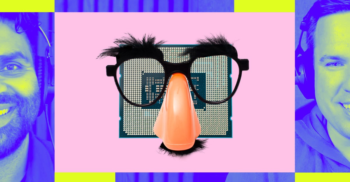 Split image: excited AI robot pitching to skeptical crowd under spotlights