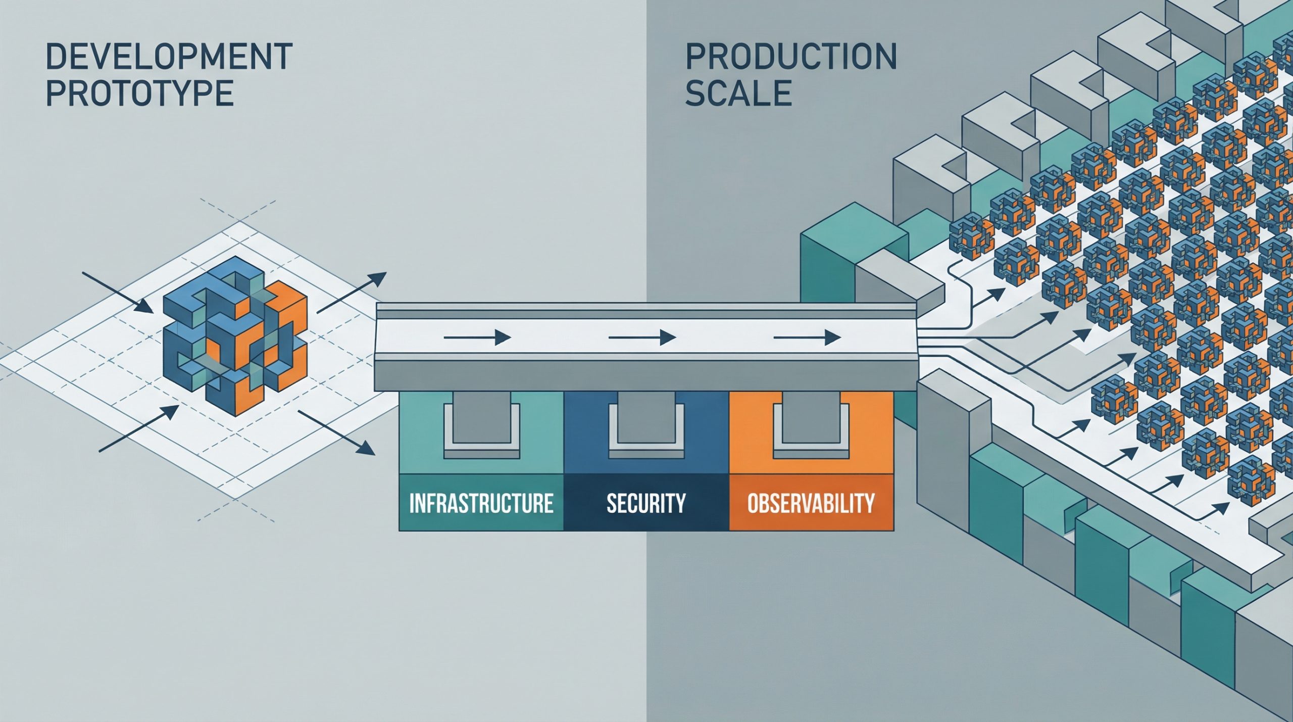 Diagram of AI agent production architecture layers with compute, storage, and event flows