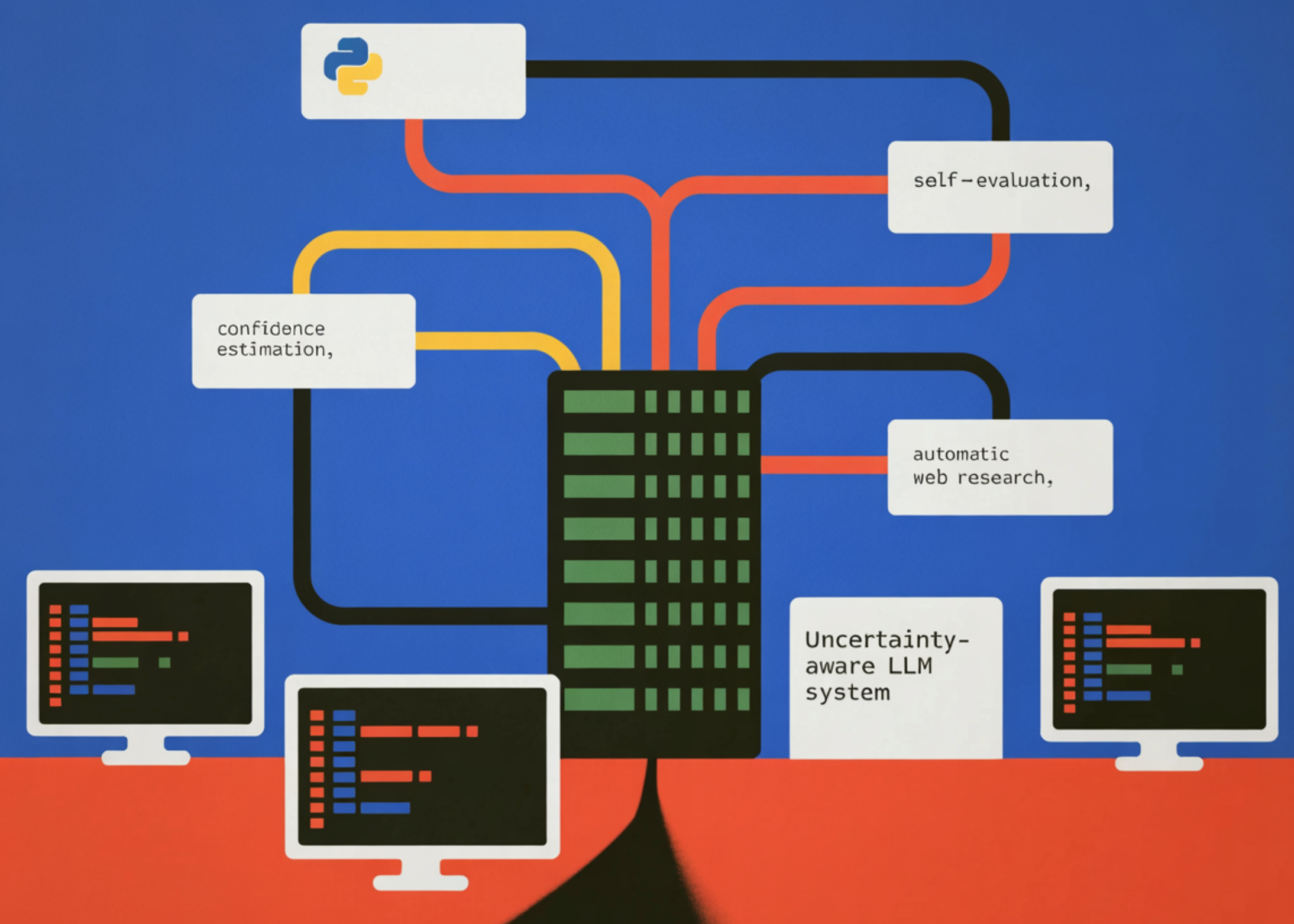 Diagram of uncertainty-aware LLM pipeline with confidence scores and web search flow