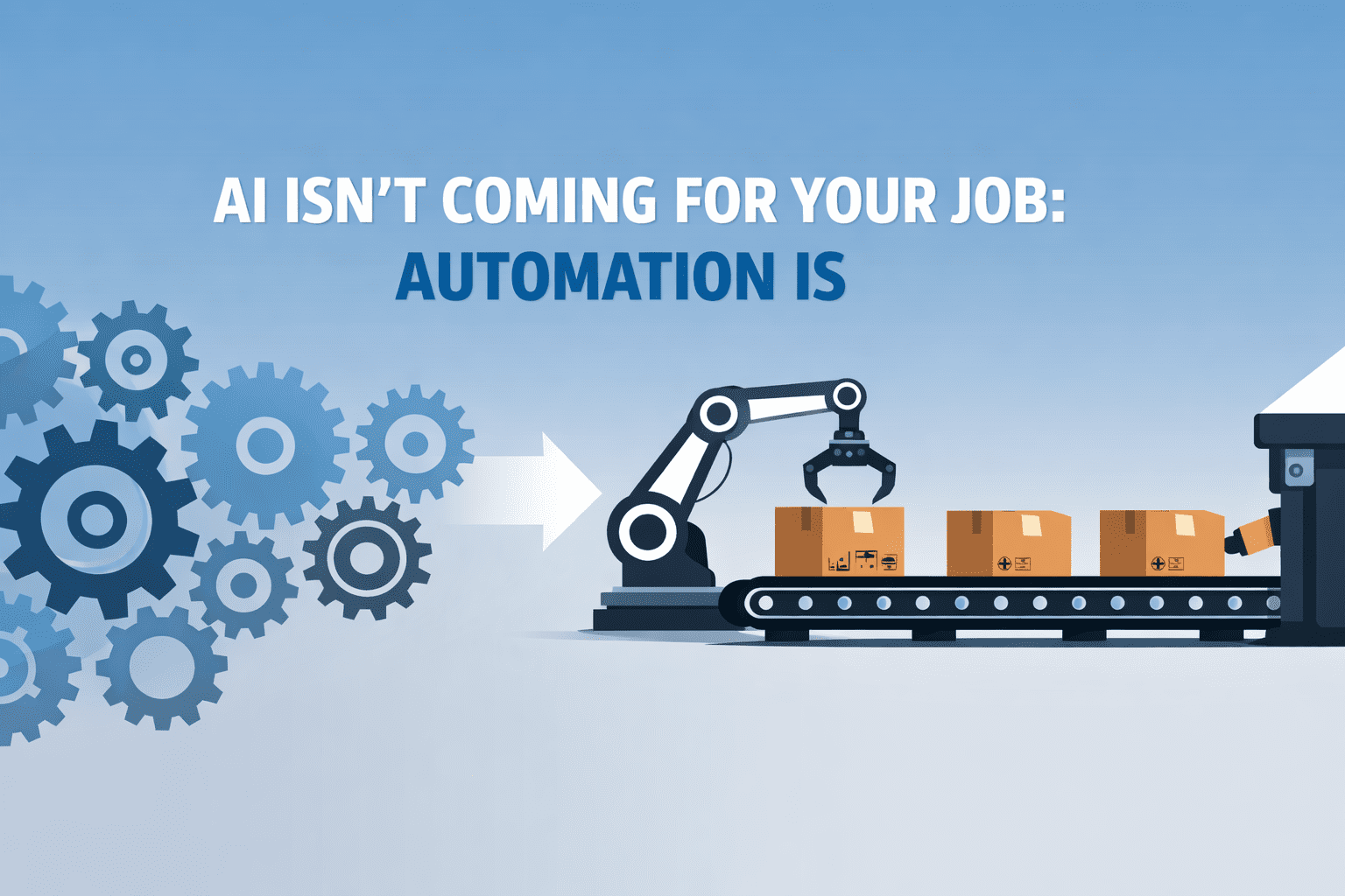 Factory robot arm processing invoices autonomously with AI dashboard overlay