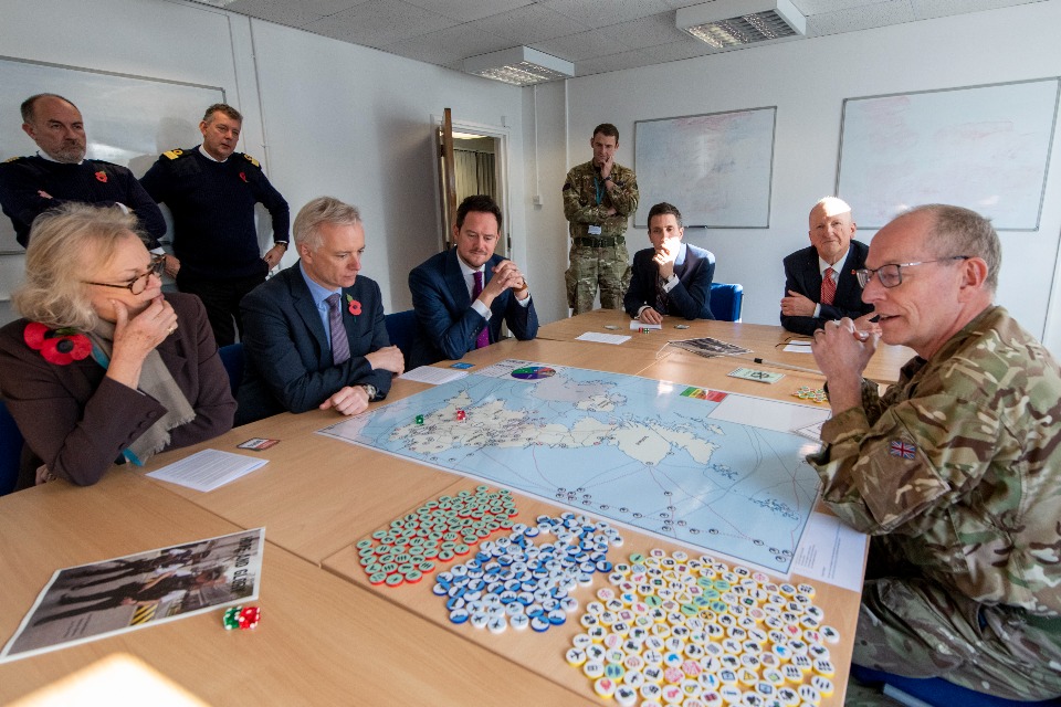 NATO officers gathered around a wargame table with maps, blocks, and dice under dim lights