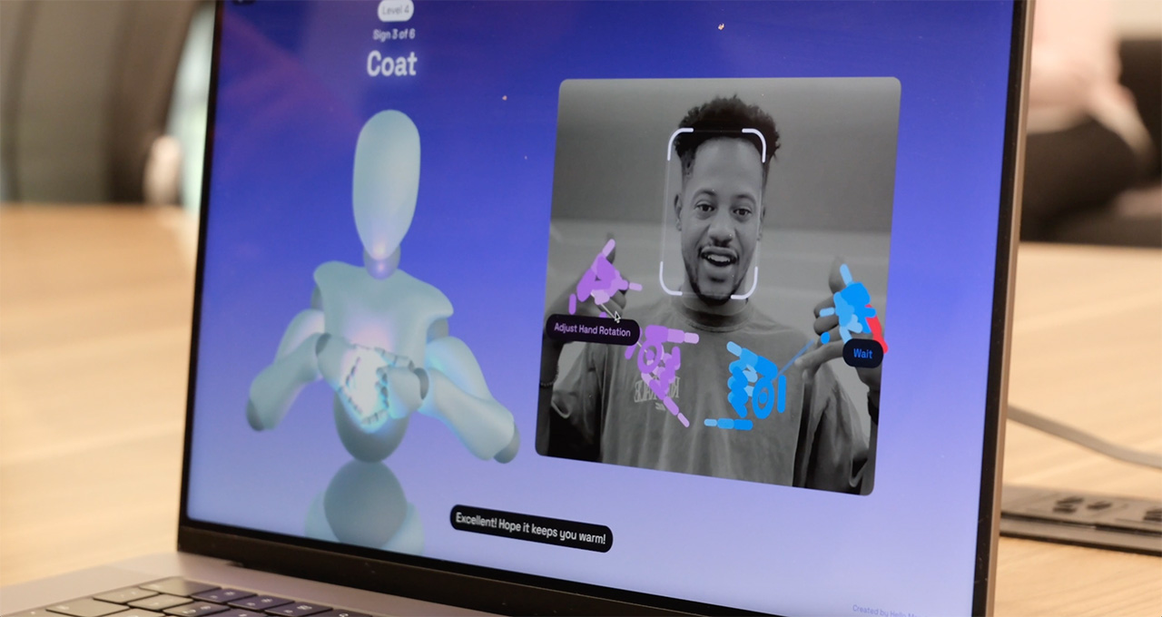 3D avatar performing ASL sign on NVIDIA Signs platform with webcam feedback interface