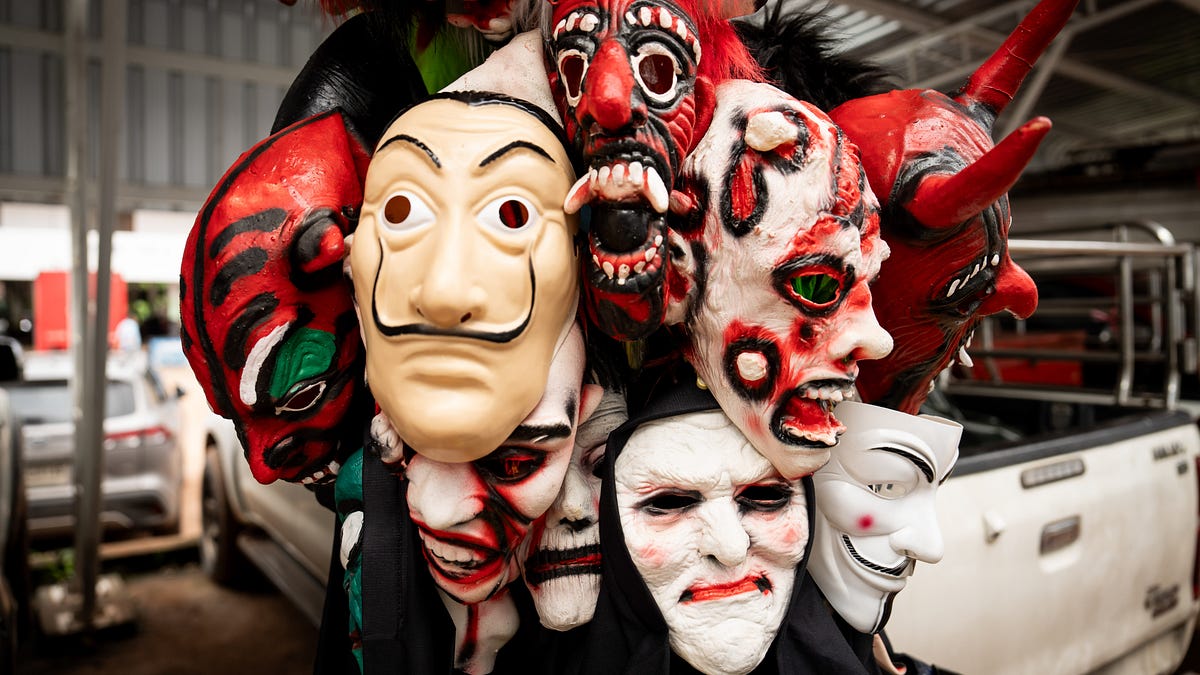 LLM chatbot wearing multiple dramatic masks, one sinister