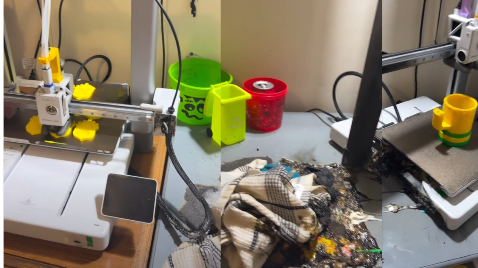A Bambu Lab A1 3D printer with its side completely melted, showing damage to the metal chassis and a scorched power cord on an adjacent printer.