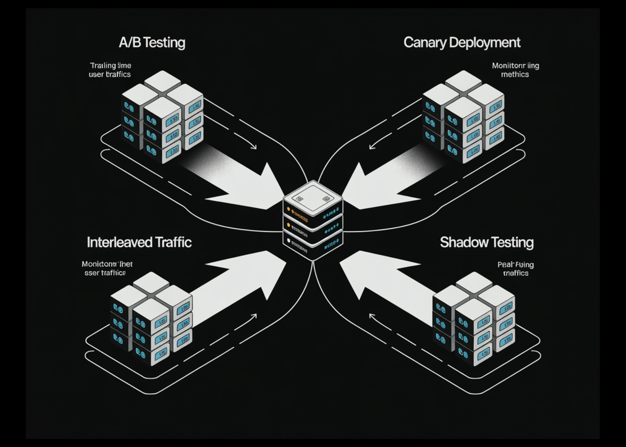 Comparison chart of A/B, Canary, Interleaved, and Shadow ML deployment strategies with traffic splits and risk levels