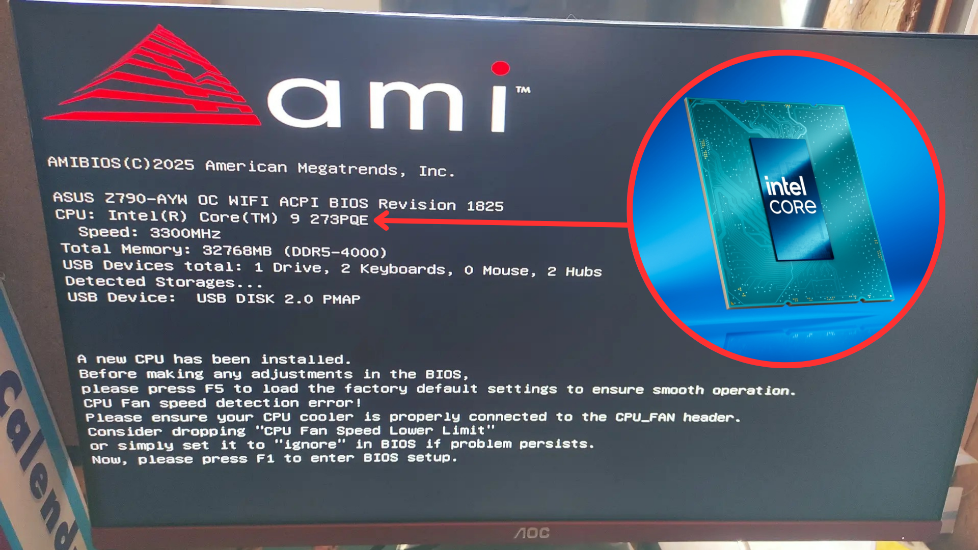 Asus Z790 motherboard displaying Core Ultra 9 273QPE POST screen after AI BIOS mod