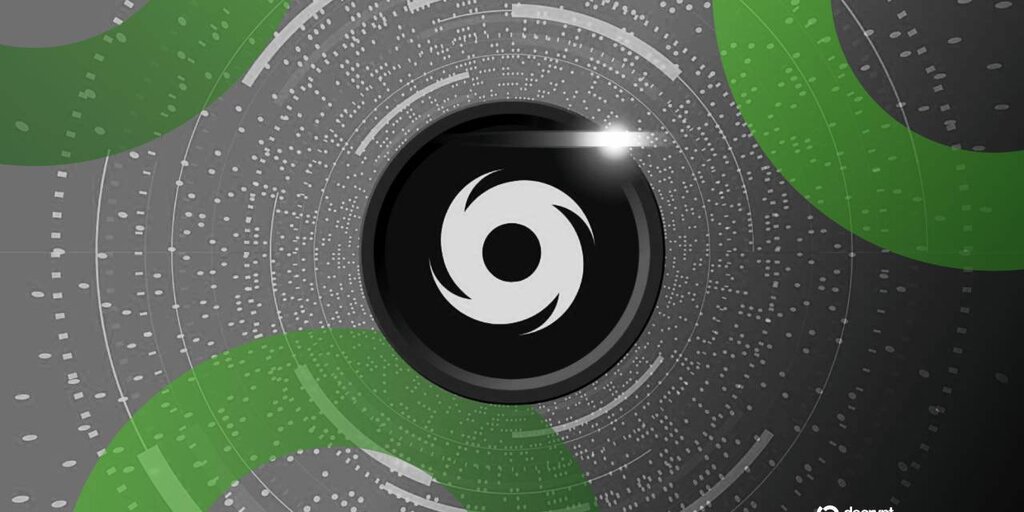 Gavel slamming down on Tornado Cash logo with Trump DOJ seal in background