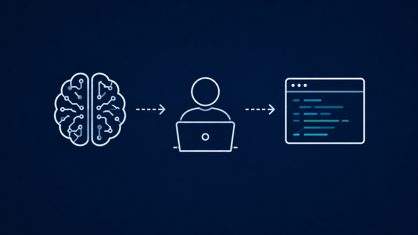 A person looking thoughtfully at lines of code on a computer screen, with abstract AI network graphics overlayed.