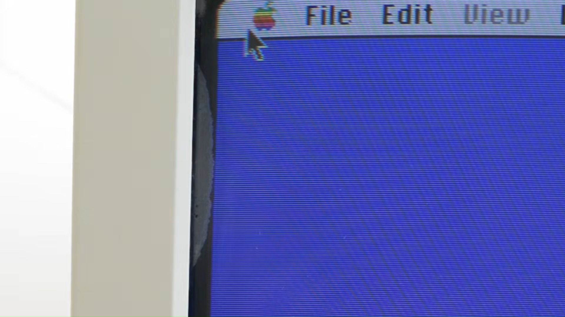 Before-and-after of UV resin repaired 20-inch Apple Sony Trinitron CRT monitor screen